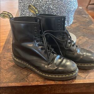 Dr. Martens Black Leather Lace-Up Heeled Boots with Yellow Stitching